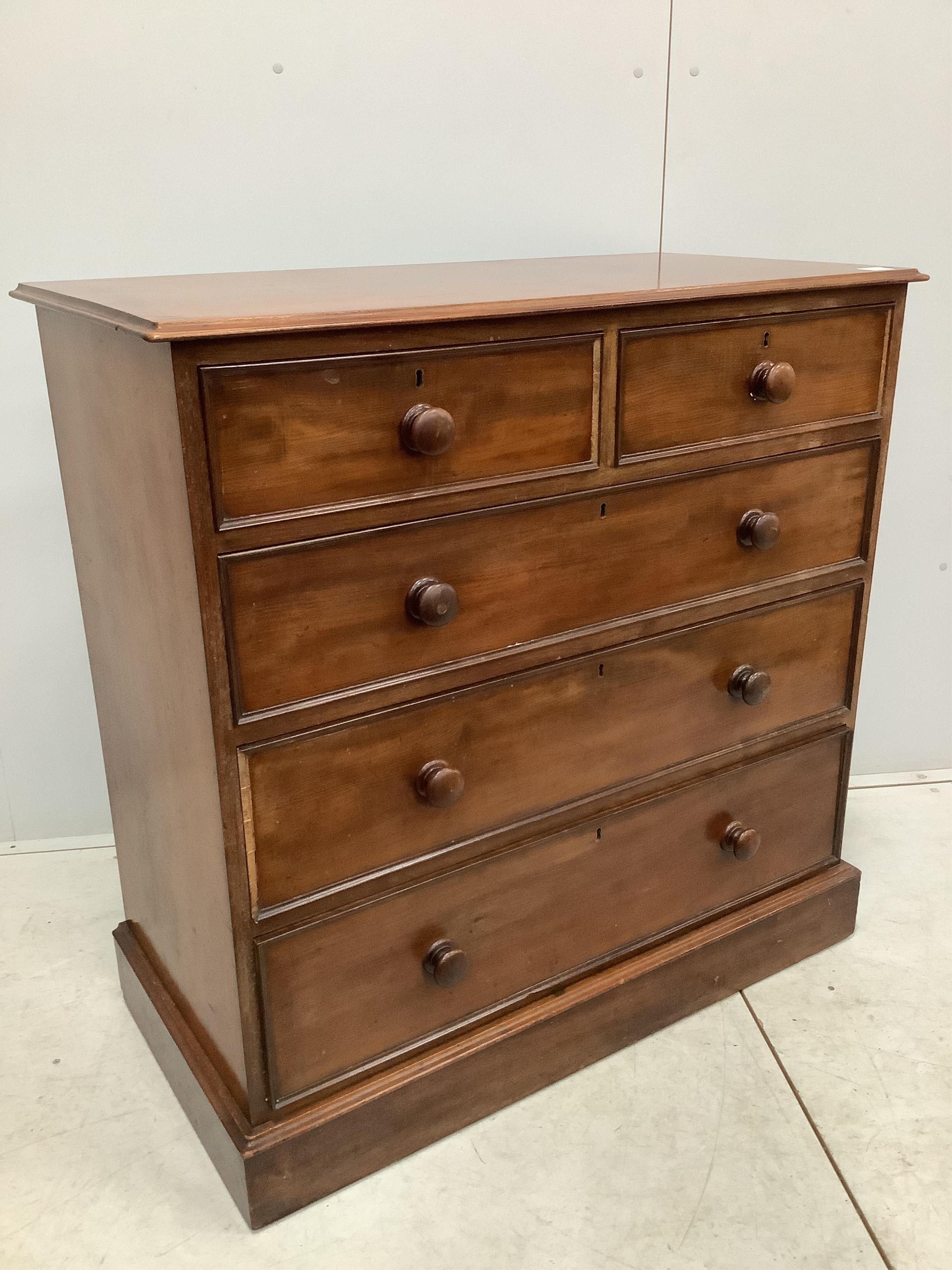 A Victorian mahogany front chest of five drawers, width 106cm, depth 53cm, height 105cm. Condition - fair